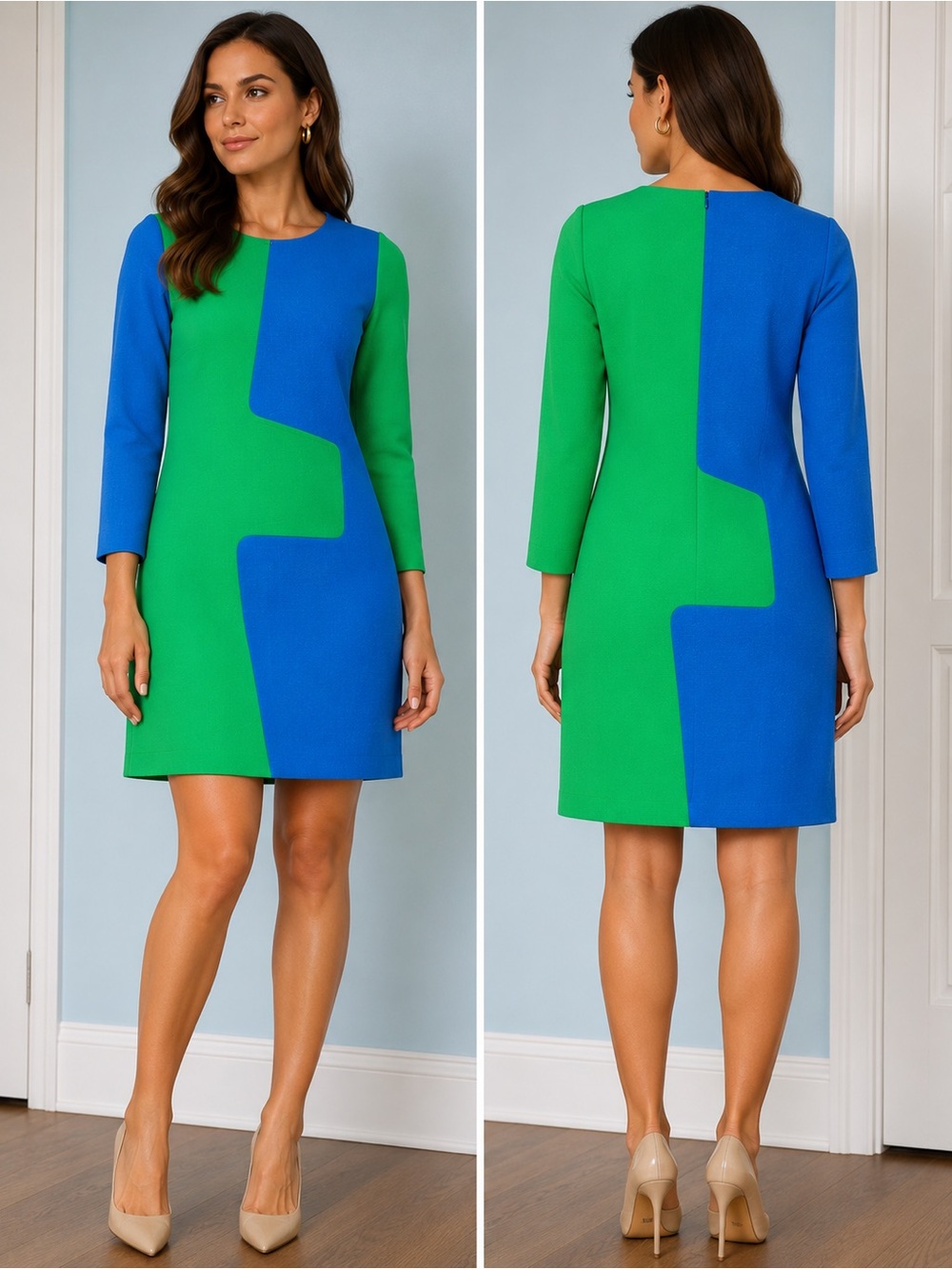 Michael Kors Vibrant colorblock Blue and Green 3/4 sleeve elegant Dress